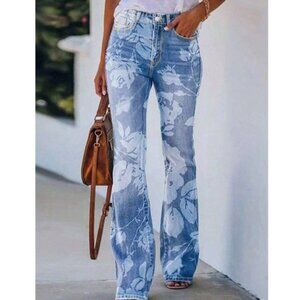 Vintage Style Floral Print Bell Bottom High Waist Denim Jeans